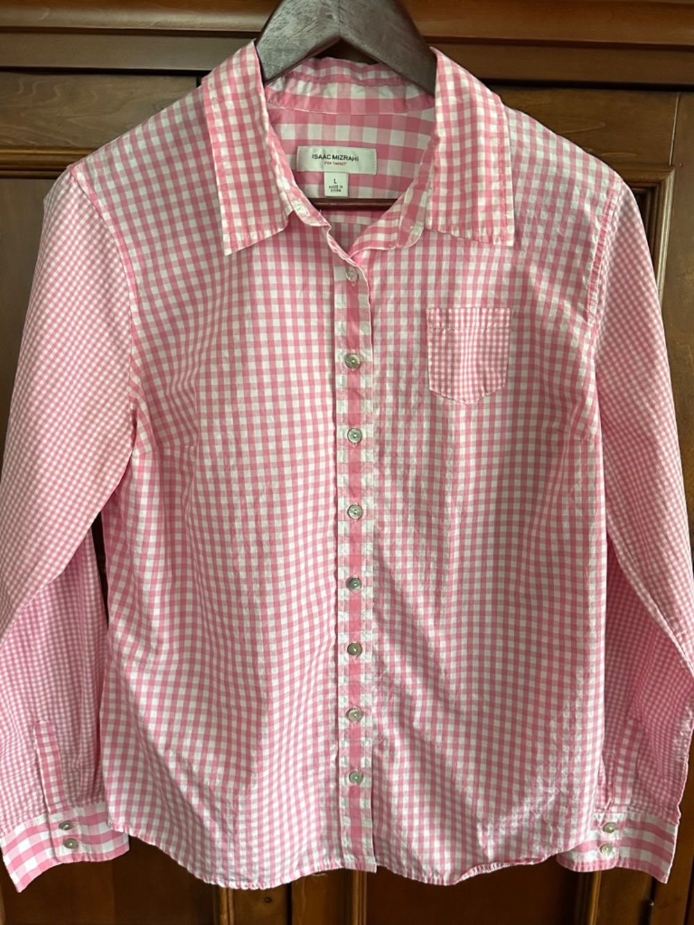 Isaac Mizrahi Women's Pink White Cotton Gingham Long Sleeve Button Top L NWOT